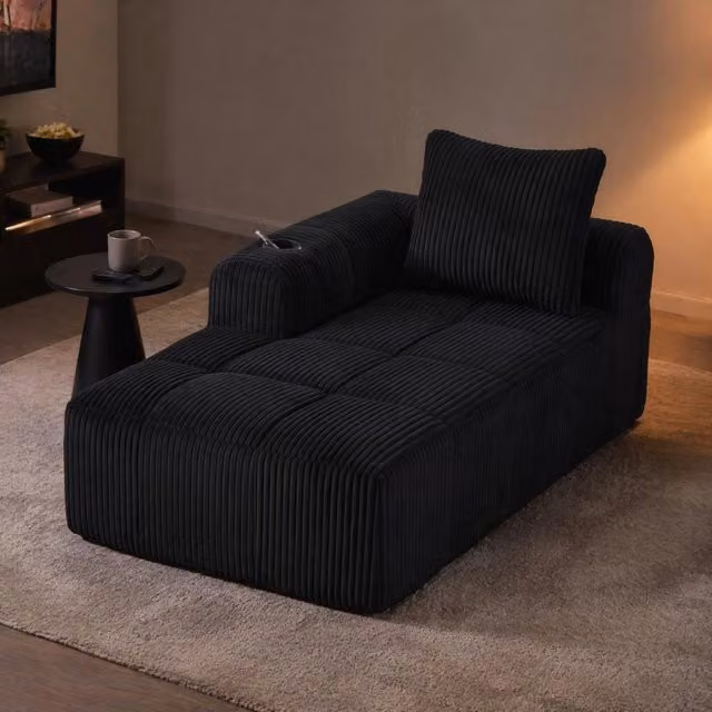Divano compatto in corduroy con tasche laterali e portabevande; 158x93x61 cm; nero