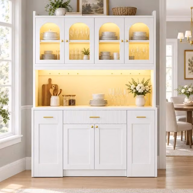Credenza alta da cucina 120x40x187 cm in MDF bianco con LED e vetrine -