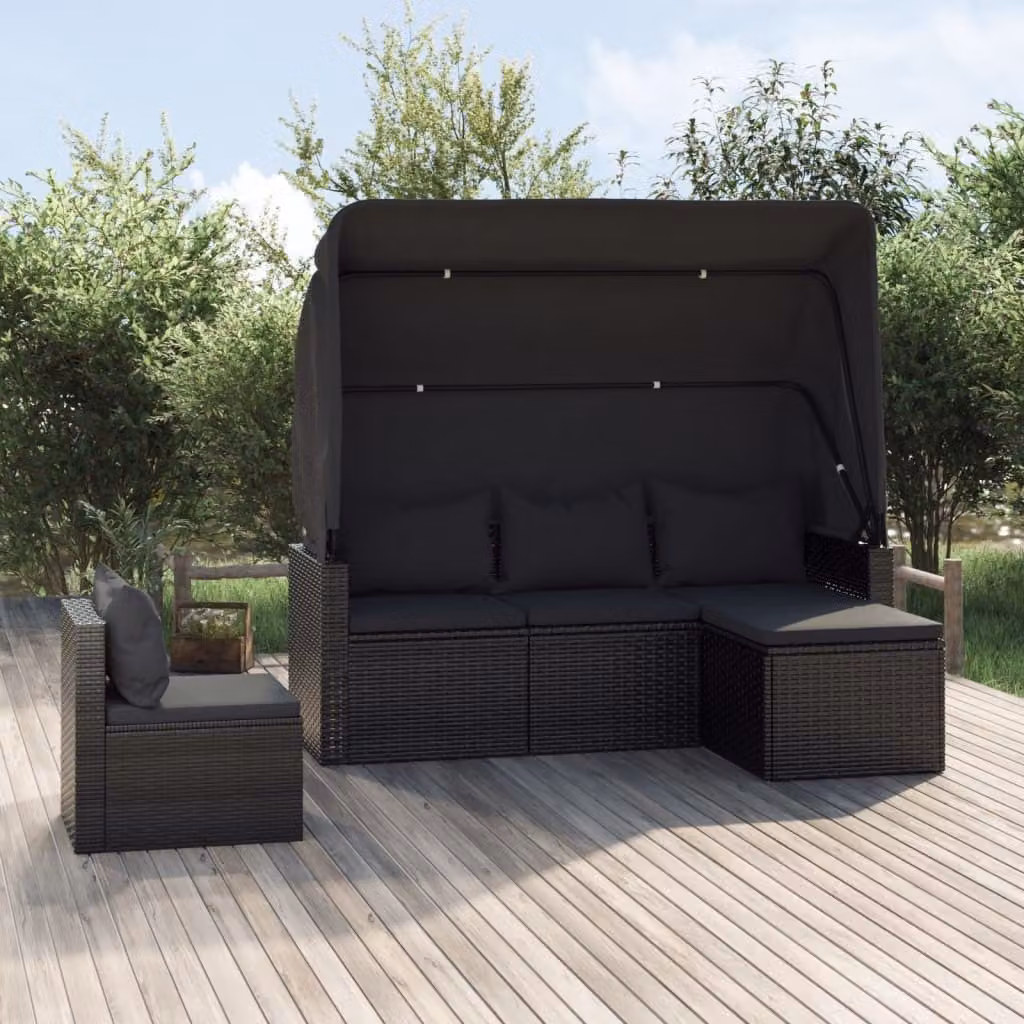 The Living Store Set di divani da giardino 4 pezzi con cuscini in poly rattan nero