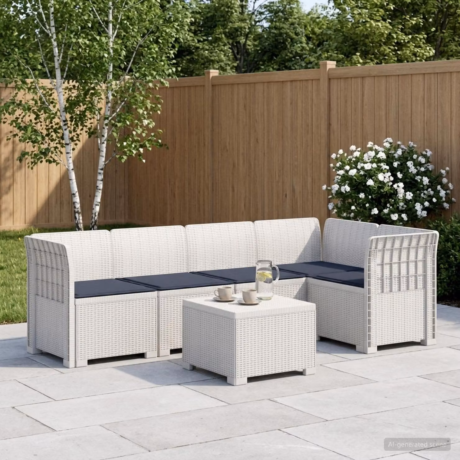 Set da giardino vidaXL composto da divano angolare a L da 5 posti, elemento d'angolo e tavolino da caffè in polyrattan bianco e grigio con cuscini imbottiti rimovibili
