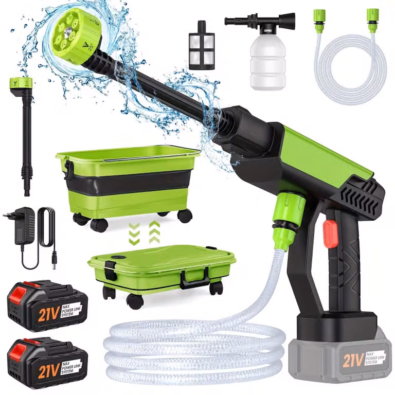 Idropulitrice senza fili – Lavaggio auto – 30 bar – Include 2 batterie e caricabatterie – Pieghevole