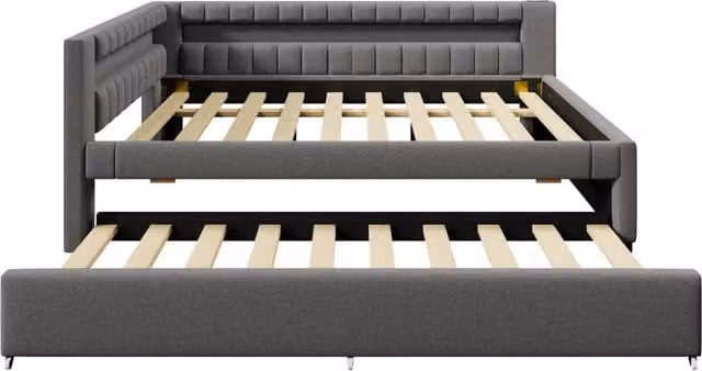 Letto Daybed con LED e letto estraibile 140x200 cm, lino grigio, USB + Type-C, senza materasso