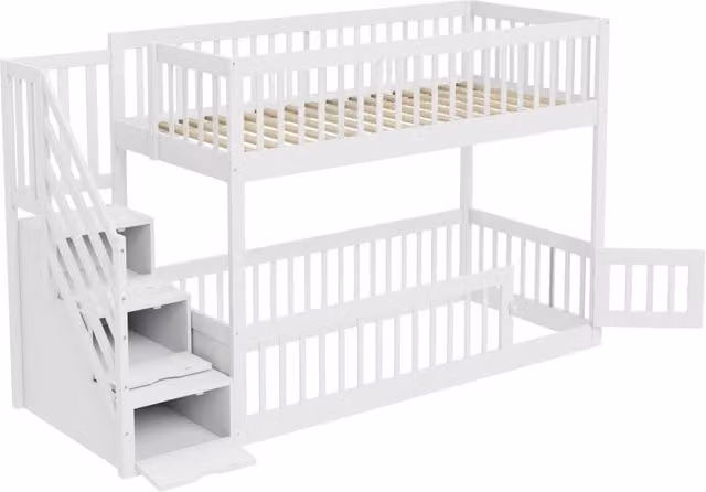 Letto a castello per bambini 90x200 cm in legno con scala di sicurezza e cassetti, bianco con vani contenitori