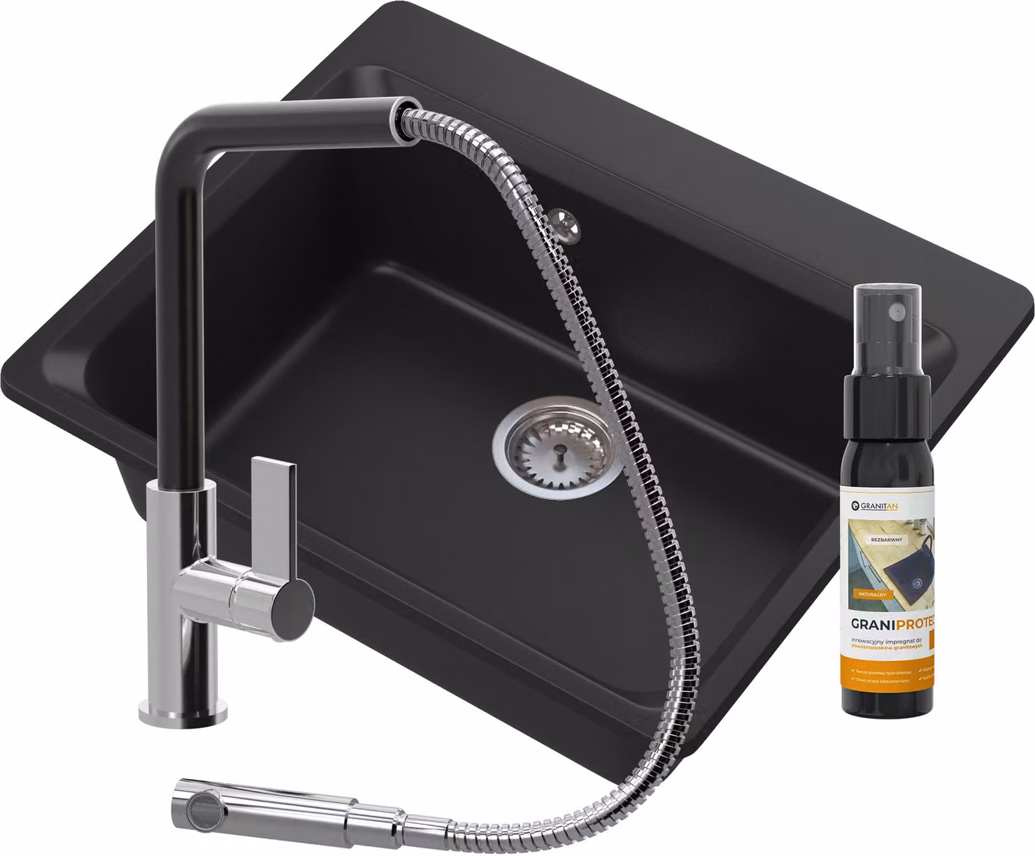 Granitan - Lavello in granito - Lavello da cucina - 62x52 cm - Nero - con rubinetteria - Lavello - ZANTE
