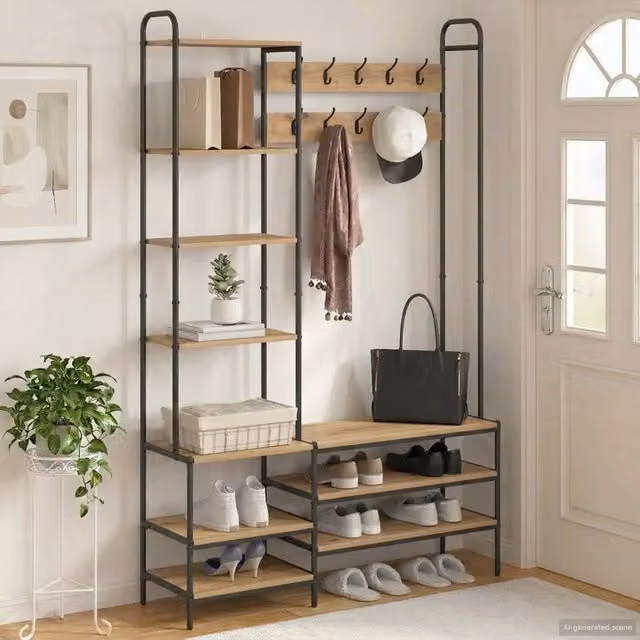 Appendiabiti con panca per scarpe in stile industriale vidaXL, colore marrone, L: 120,5 cm, P: 34 cm, H: 190 cm