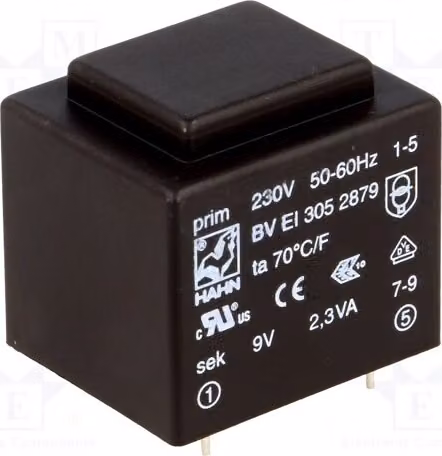 1 trasformatore: rivestito, 230 VAC, 9 V, 255 mA, 2,3 VA. Montaggio: BV EI 305 2879 - Trasformatore