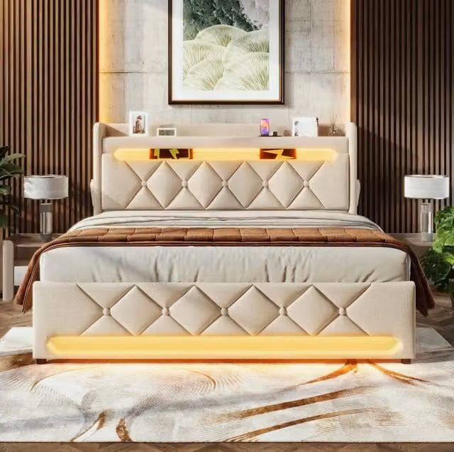 Letto 140x190 cm con LED 360Â°, contenitore idraulico e USB, rivestito in lino beige