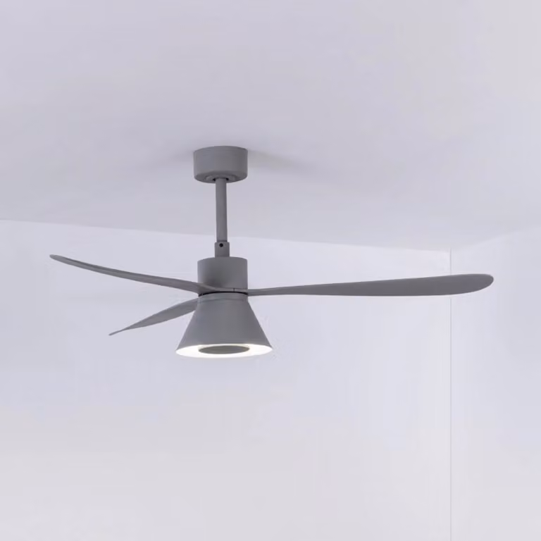 FARO BARCELONA Ventilatore da soffitto LED Amelia Cone L, grigio, DC, silenzioso, 132 cm dimmerabile, Alluminio / Grigio / Zincato, Soggiorno / Sala da pranzo, Plastica, Moderno