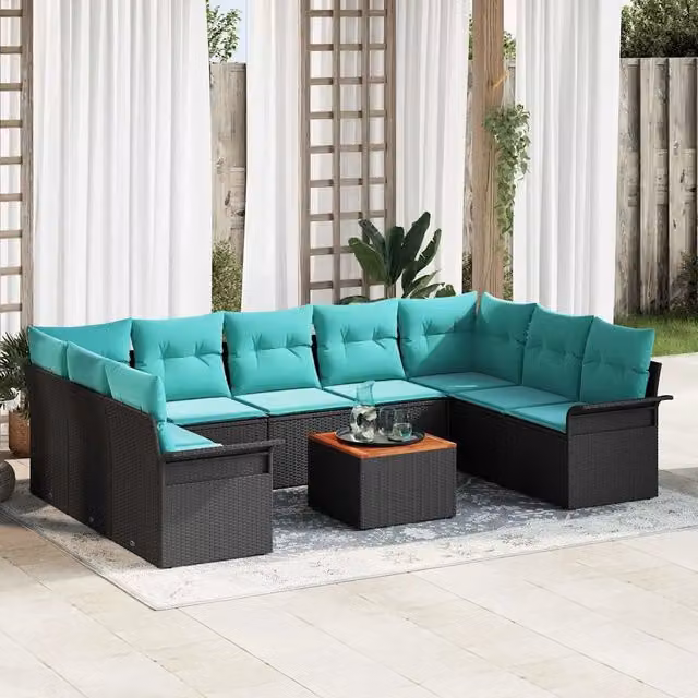 Set Divano da Giardino 10 pz 9-Numero di posti Nero e Turchese 3356044