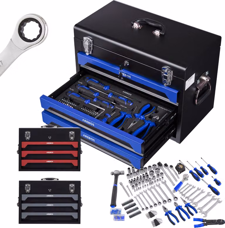 Valigetta portautensili AREBOS 172 pezzi | set di chiavi a bussola | 3 cassetti blu/nero