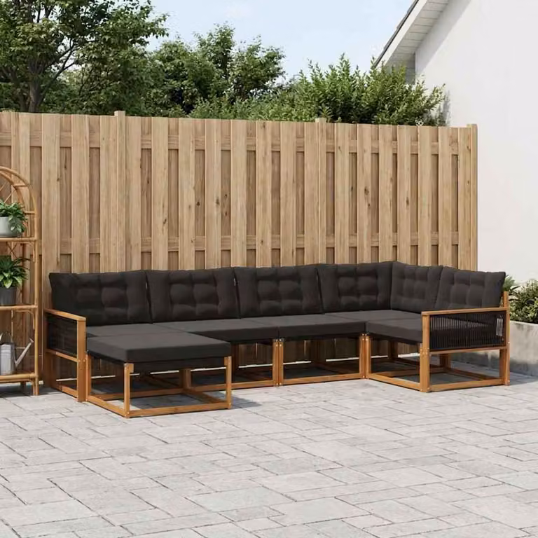 Set di divani da esterno vidaXL 6 pz in legno di acacia con cuscini, forma a L, colore marrone e nero