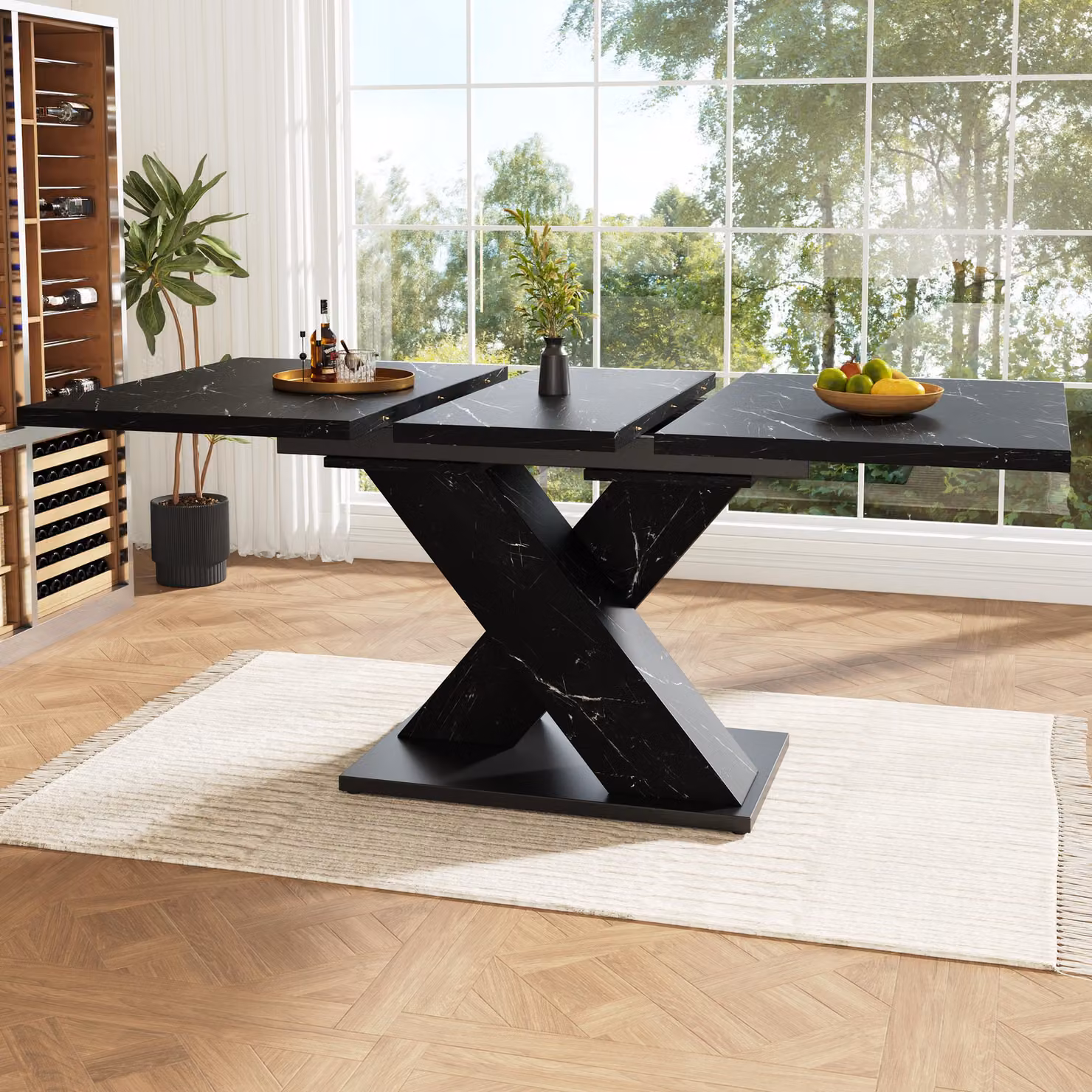 tavolo da pranzo allungabile, aspetto marmorizzato, struttura a forma di X, guide metalliche, tavolo da cucina per cucina e sala da pranzo, colore nero