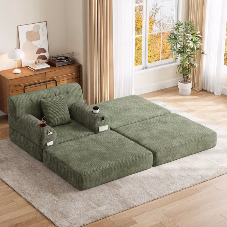Divano letto MODFU rivestito in tessuto corduroy, divano lounge trasformabile in letto per ospiti, con schienale alto, 4 tasche e 2 portabicchieri, colore verde