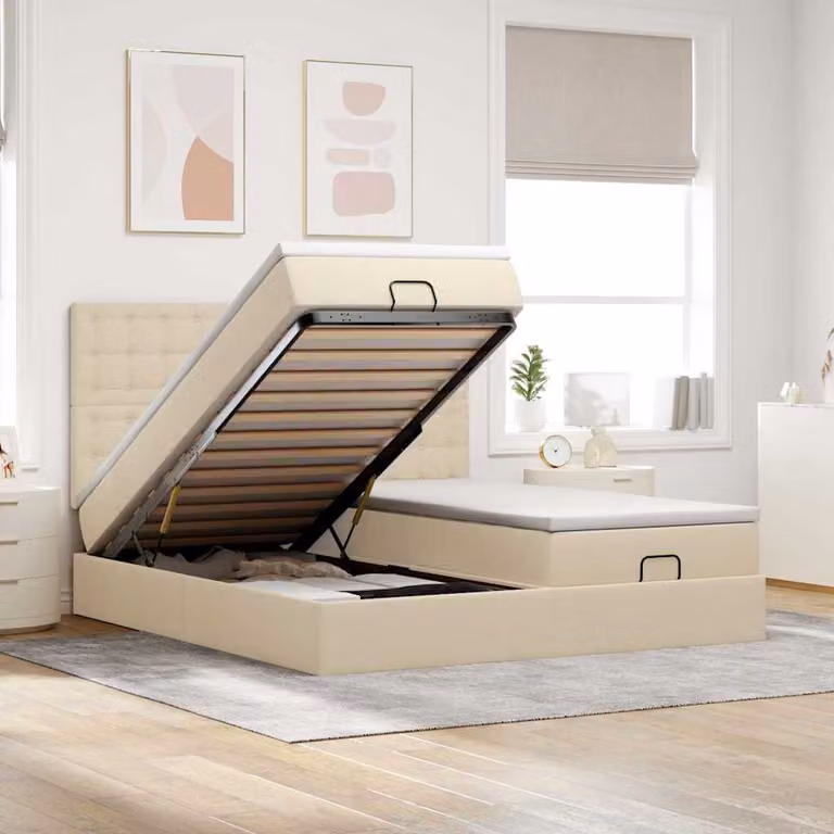 Letto con contenitore a sollevamento vidaXL in tessuto beige e bianco, L/P/H: 200 x 200 x 128 cm