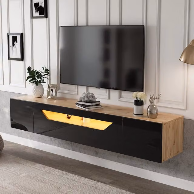 Mobile porta tv sospeso 180 cm per tv fino a 75 pollici; Mobile tv da parete con luci led; Nero e Legno Naturale