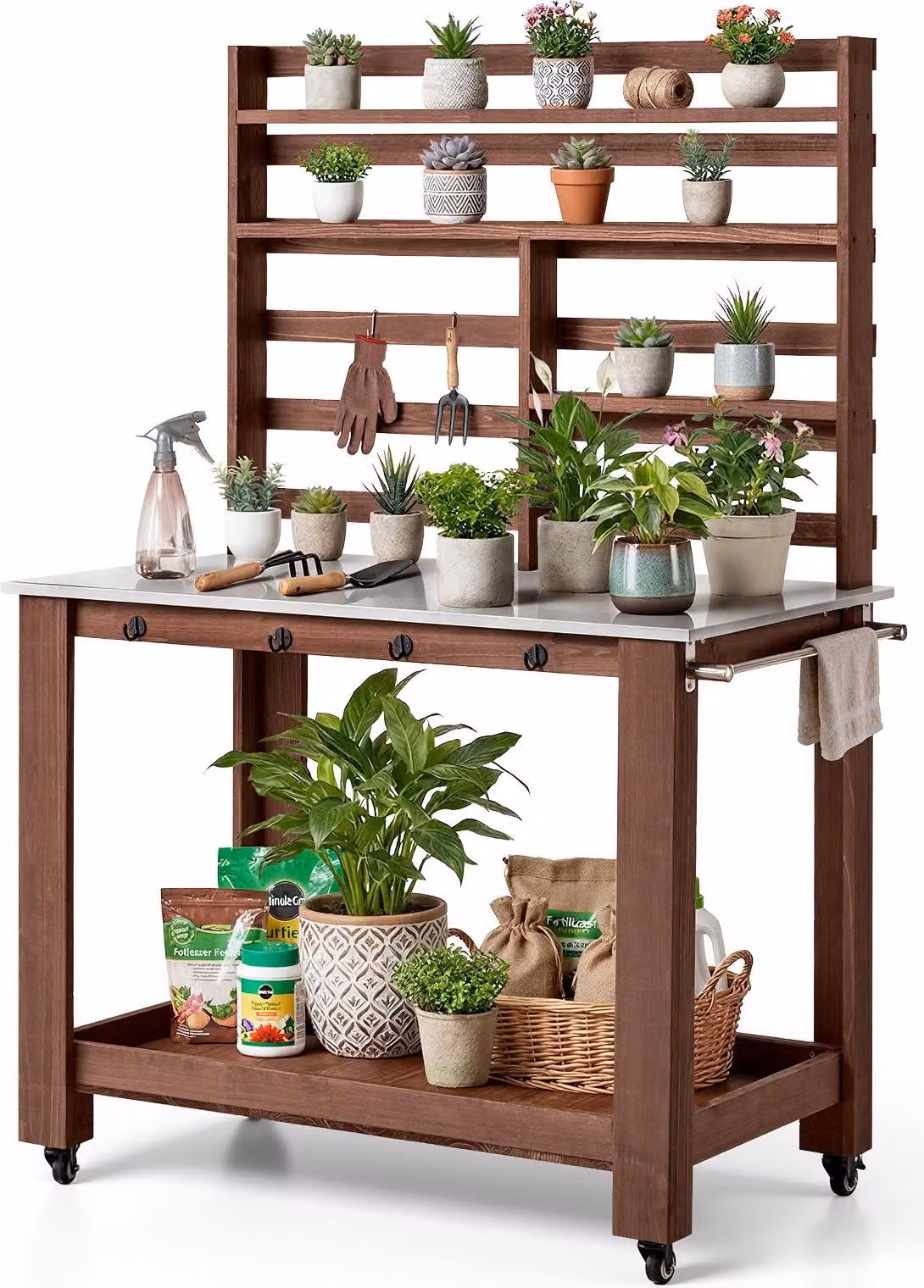Tavolo da giardinaggio e tavolo da rinvaso - Tavolo da giardinaggio - Piano di lavoro in acciaio inossidabile - Con ripiani e ganci - Con 4 rotelle - Per terrazza e giardino - Dimensioni 115 x 66 x 169,5 cm - Marrone