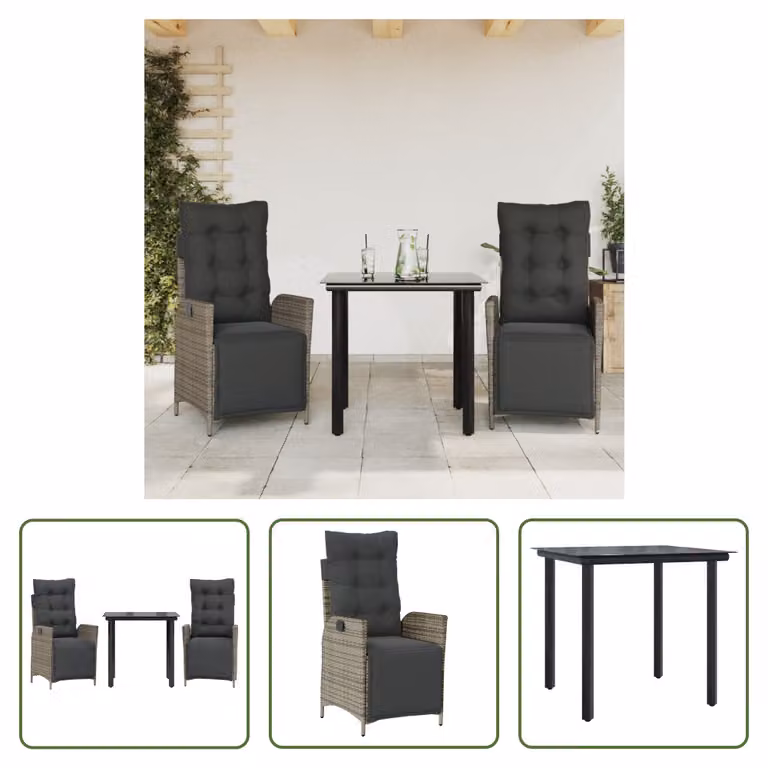 The Living Store Set da pranzo da giardino in 3 pezzi con cuscini in poly rattan grigio