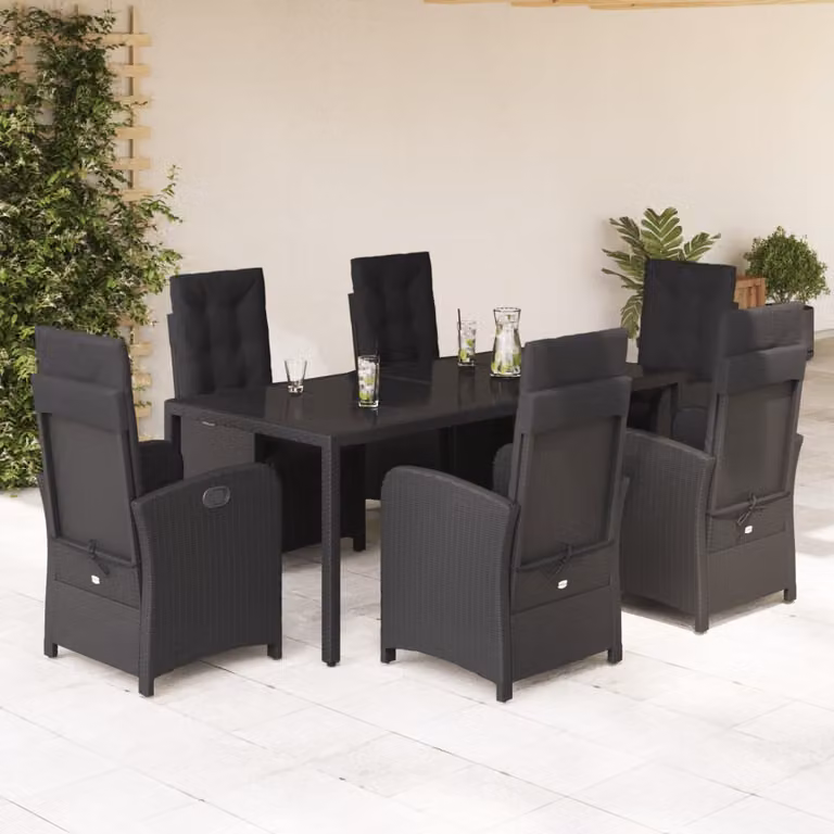 Set da Pranzo da Giardino vidaXL 7 pz in Polyrattan Nero con Cuscini e Tavolo in Vetro