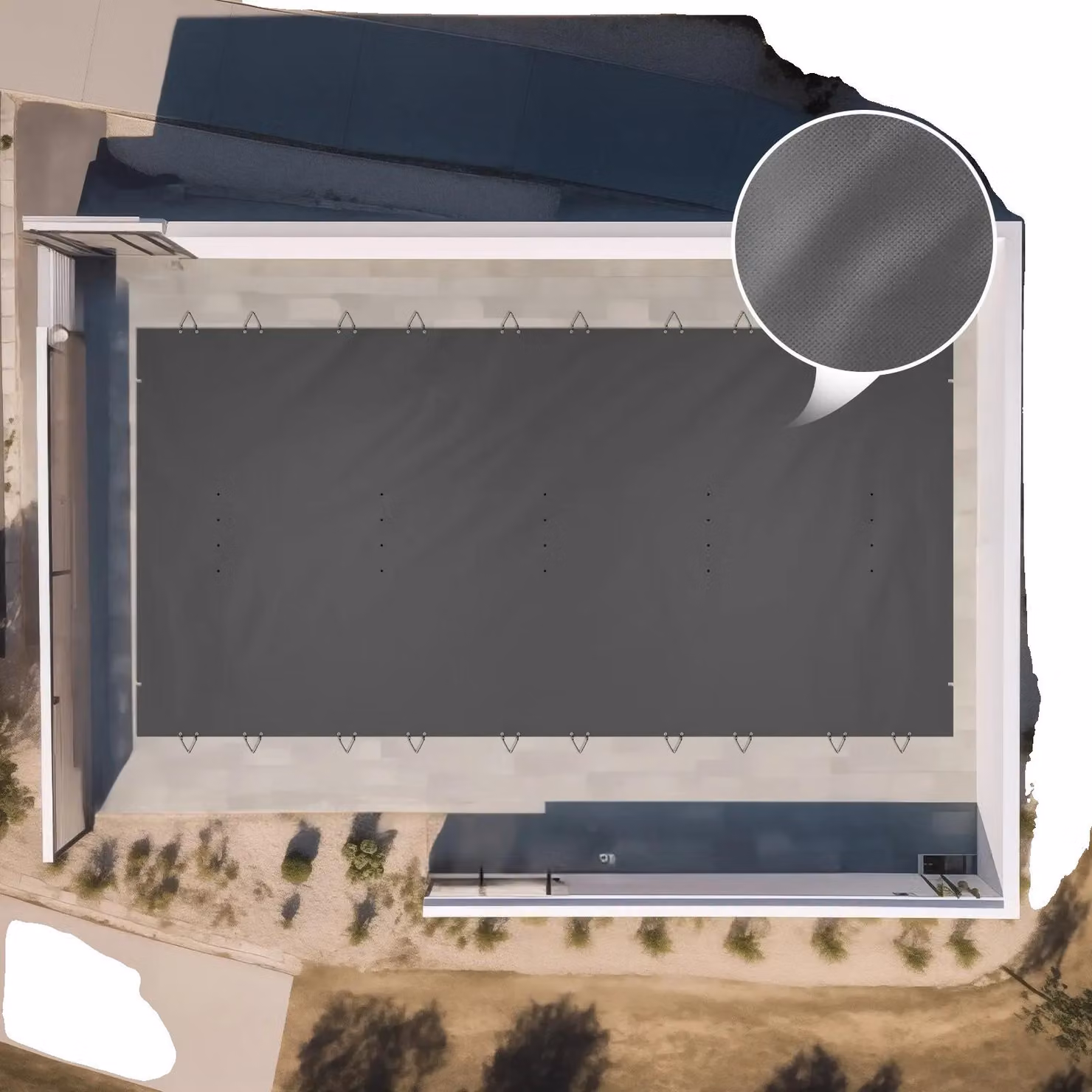 Copertura per piscina a incasso, realizzata in rete PVC, dimensioni 3,66 x 7,62 metri, adatta per piscine rettangolari, con fori di scarico e dotata di caratteristiche di sicurezza per l'inverno