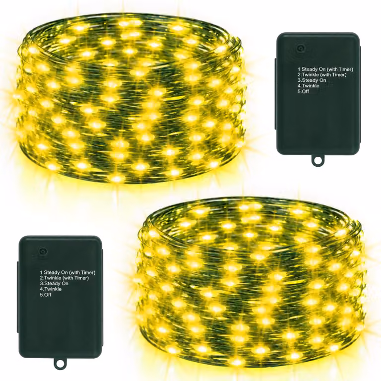 Set di 2 catene luminose a LED, 50 LED, 5 metri, con timer, alimentate a batteria