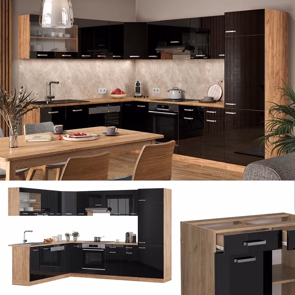 Cucina angolare moderna Vicco R-Line Nero lucido e Rovere dorato senza piano di lavoro 287 x 227 cm – 2