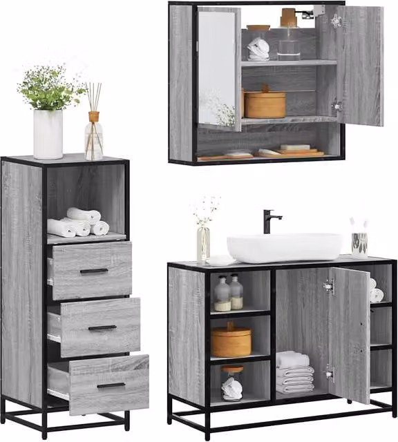Set Mobili da Bagno 3 pz Grigio Sonoma in Legno Multistrato 3301063