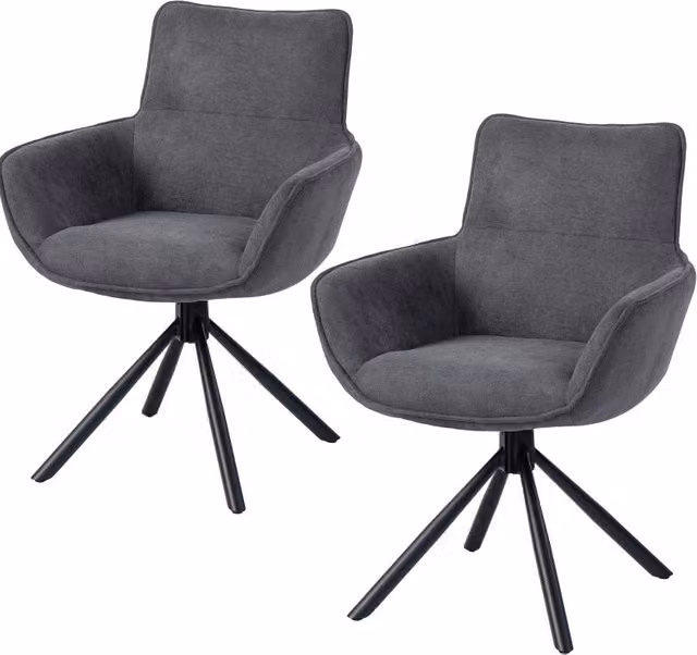 Set di 2 Sedie da Pranzo Girevoli con Braccioli, Rivestimento in Tessuto Grigio Scuro, Gambe in Metallo