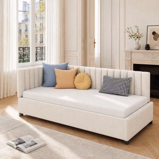 Letto singolo imbottito 90 × 200 cm con rete a doghe in velluto beige e testiera reversibile