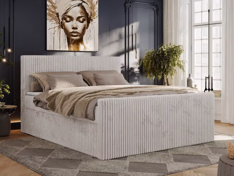 Letto continentale con contenitore per biancheria da letto TILIANO DUO 200x200 Media rigidità H3 - Topper T25, Grigio chiaro - tessuto velluto a coste