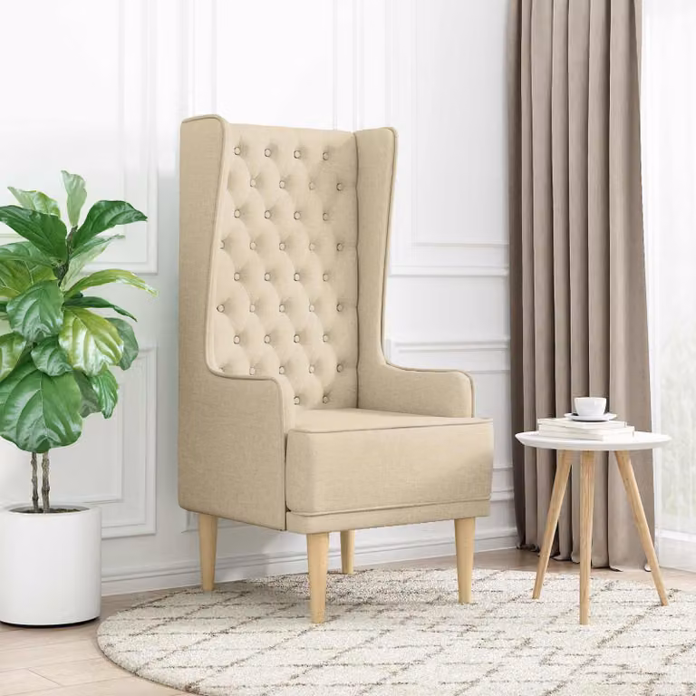 Sedia a schienale alto stile Chesterfield vidaXL in tessuto beige trapuntata a bottoni con gambe in legno