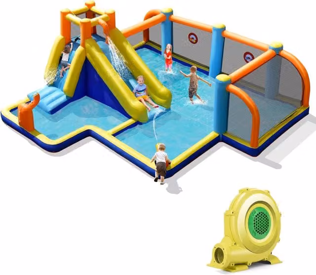 Castello Gonfiabile per bambini, Casa Gonfiabile con Scivolo, Piscina, con Borsa di Trasporto, Soffiatore e Kit di Riparazione, per 5 Bambini di 3-12 Anni, 465 x 500 x 200 cm