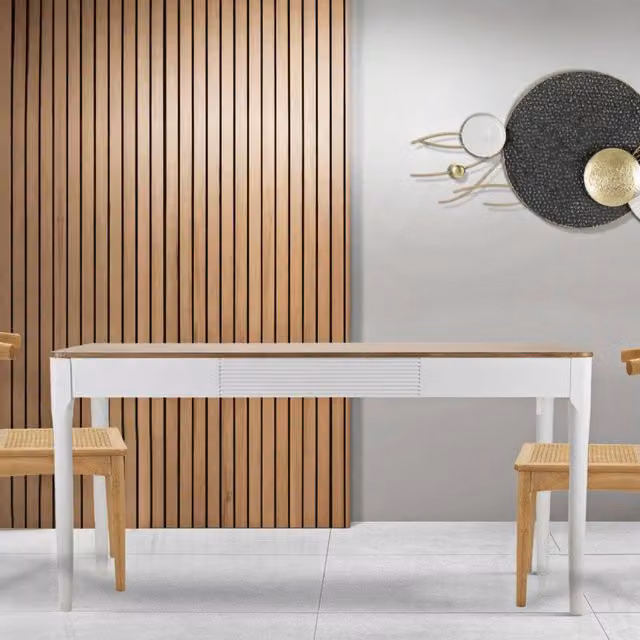 Tavolo fisso moderno DMORA per sala da pranzo, ripiano rettangolare in legno e metallo, Bianco e Marrone, L: 180 cm, P: 60 cm, H: 80 cm – 1