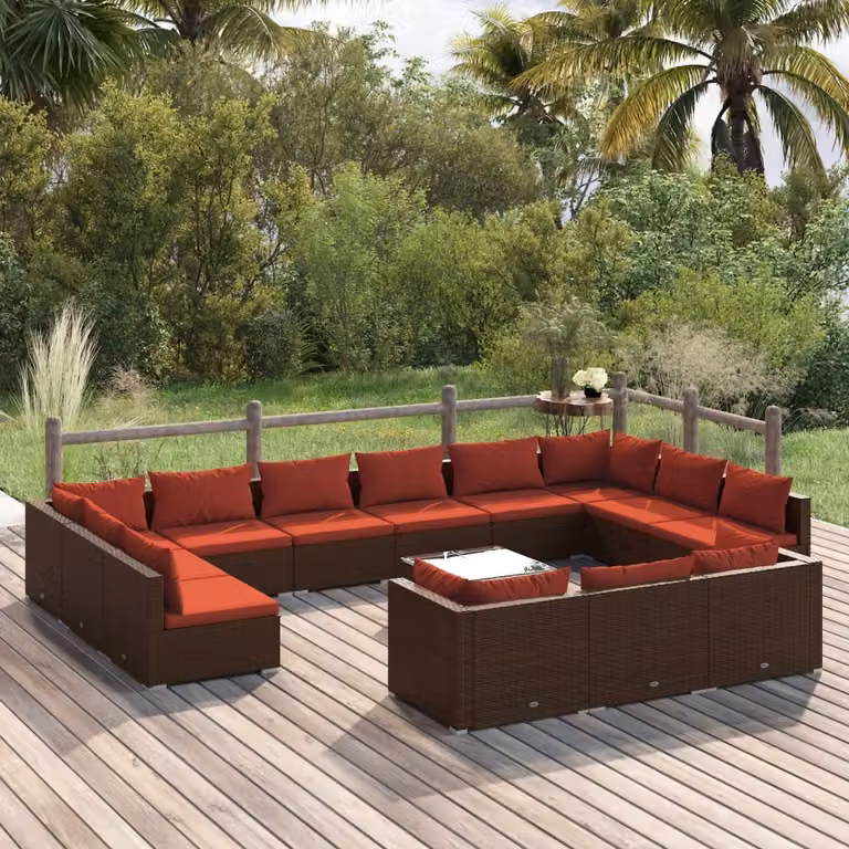 Set da esterno esclusivo per lounge, composto da 14 pezzi, con cuscini, in rattan sintetico marrone