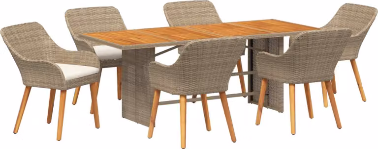 Set da Pranzo per Giardino con cuscino 7 pcs Beige polyrattan