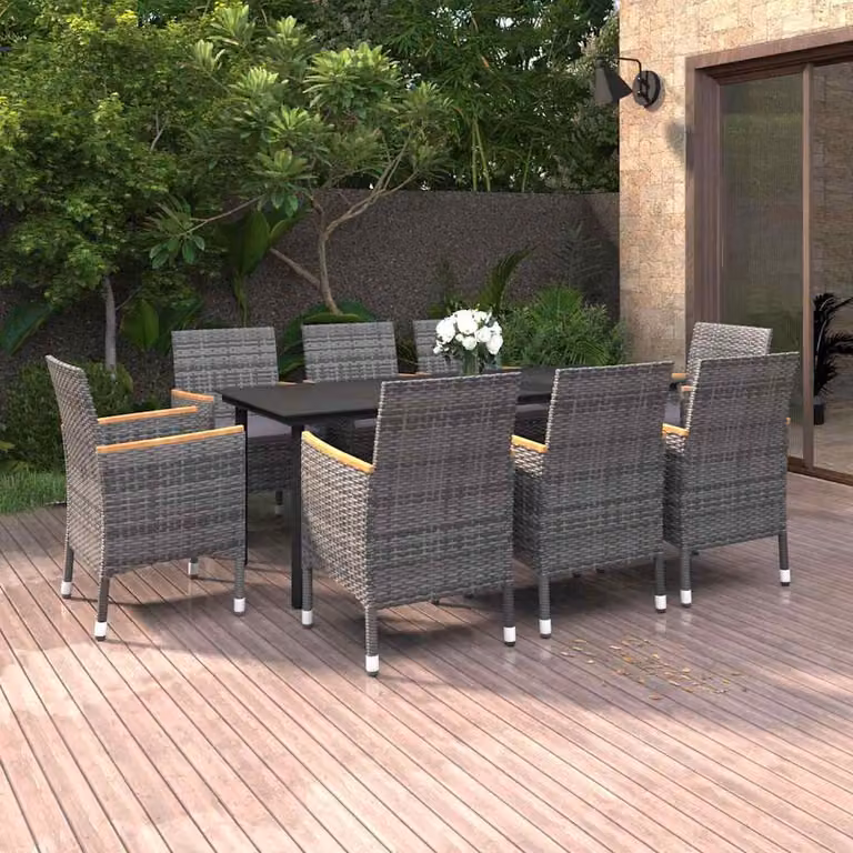 Set da pranzo da giardino vidaXL in polyrattan e vetro con cuscini, 9 pezzi, grigio e nero