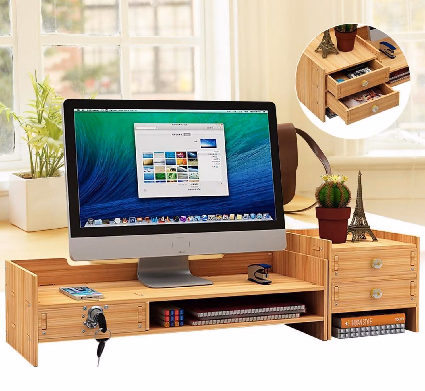 Supporto per monitor in legno, da appoggiare sulla scrivania, con cassetti. Rialzo per monitor, organizer per casa e ufficio