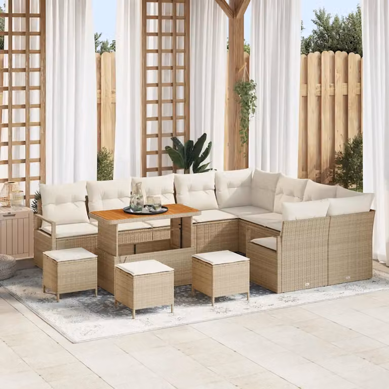 Set Divano da Giardino vidaXL 13 Pezzi a Forma di U con Cuscini Beige e Bianco