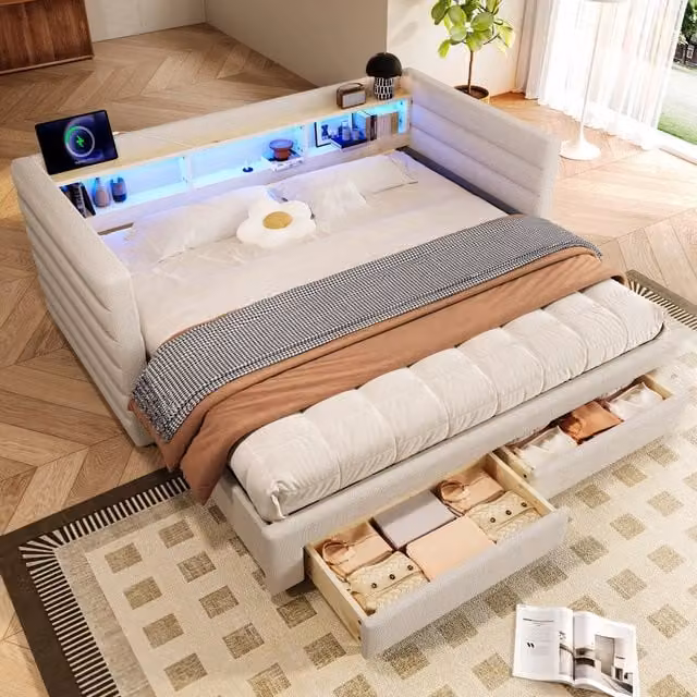 Letto divano estraibile 90 × 190 cm con 2 cassetti, vani, LED, USB e Type-C, senza materasso, in velluto beige