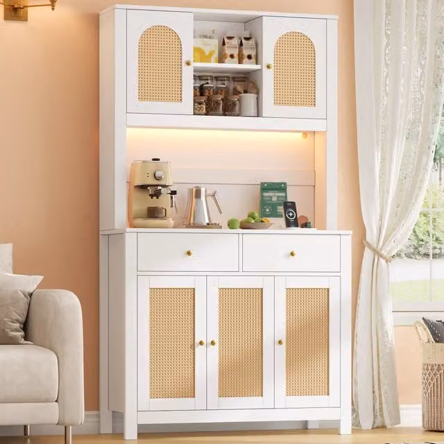 Armadio da cucina alto 100x40x180 cm, dispensa con 5 ante in rattan e 2 cassetti, illuminazione LED e prese, per soggiorno e sala da pranzo