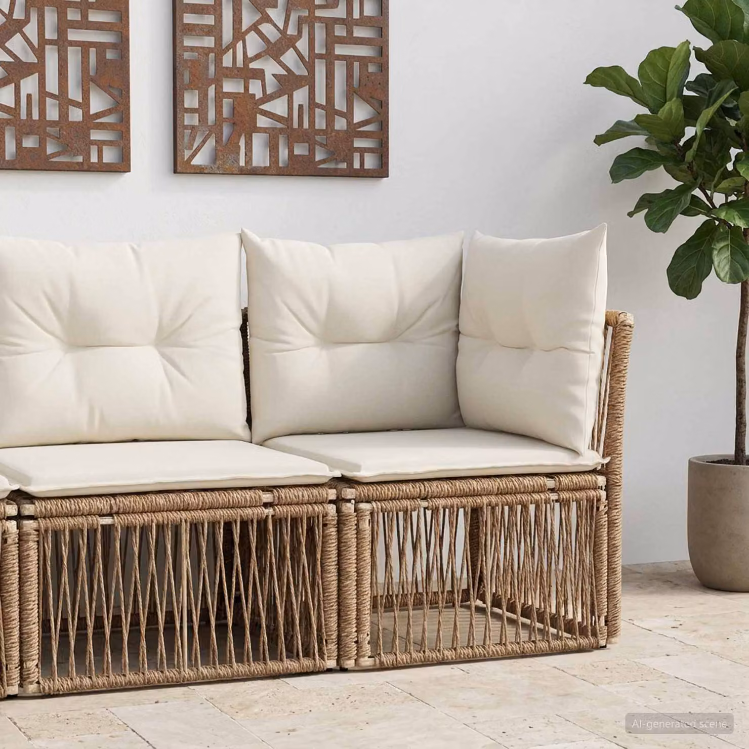 Unità divano angolare vidaXL in polyrattan beige con cuscini imbottiti e struttura in metallo per giardino e terrazzo