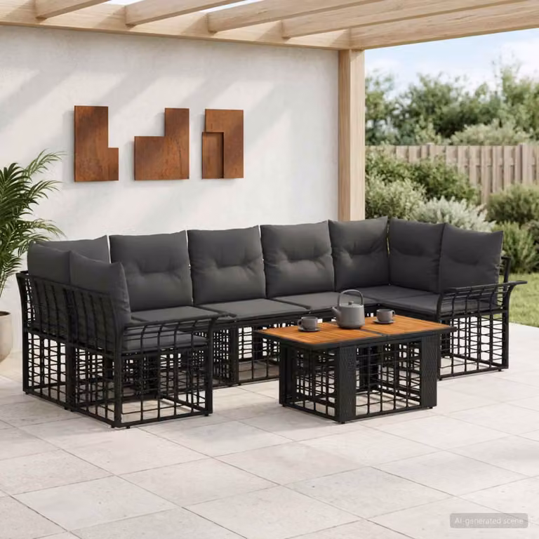 Set Divano da Giardino vidaXL 8 Pezzi in Polyrattan con Cuscini, Nero e Grigio scuro