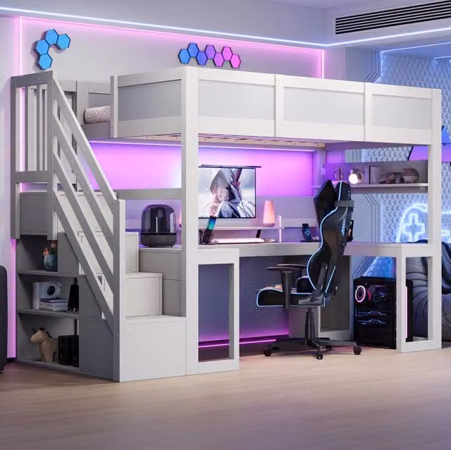 Letto a castello gaming 90x200 cm con scrivania, scala contenitore, illuminazione LED e porta USB, bianco