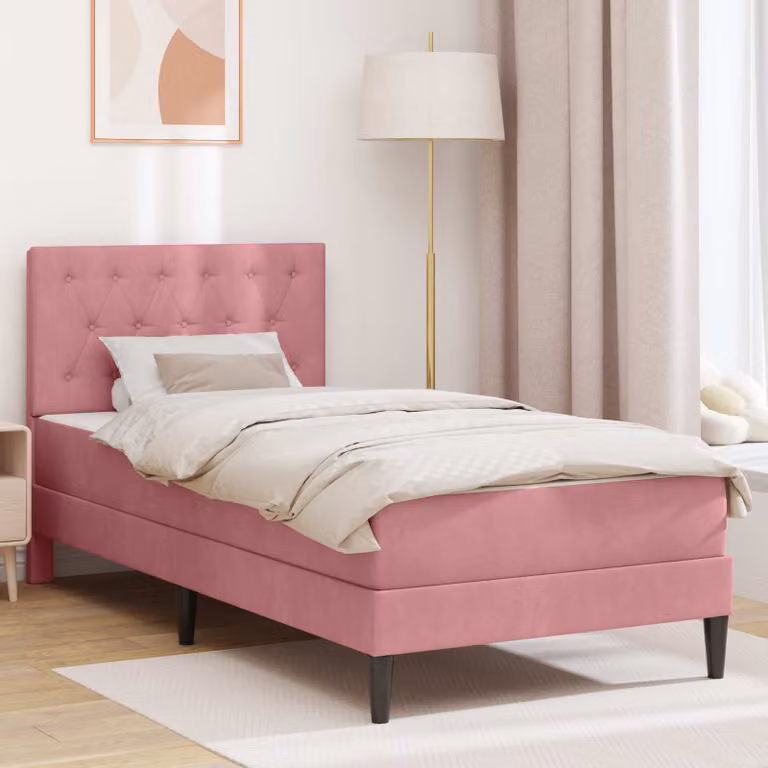 Letto moderno vidaXL con materasso in schiuma, rivestimento in velluto rosa, L/P/H: 80 x 200 x 84 cm