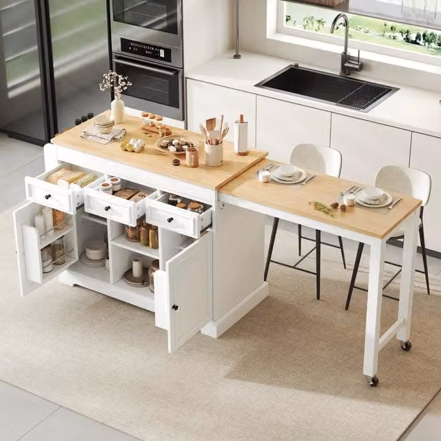 Isola da Cucina con Ruote e Cassetti ¨C Minimal ¨C Bianco, Mobile Estensibile Salvaspazio