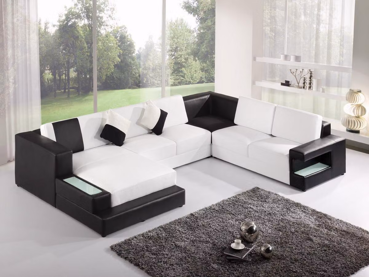 Divano angolare moderno, rivestito in pelle, design elegante, set di divani, soluzione d'arredo per il soggiorno, modello PHM11