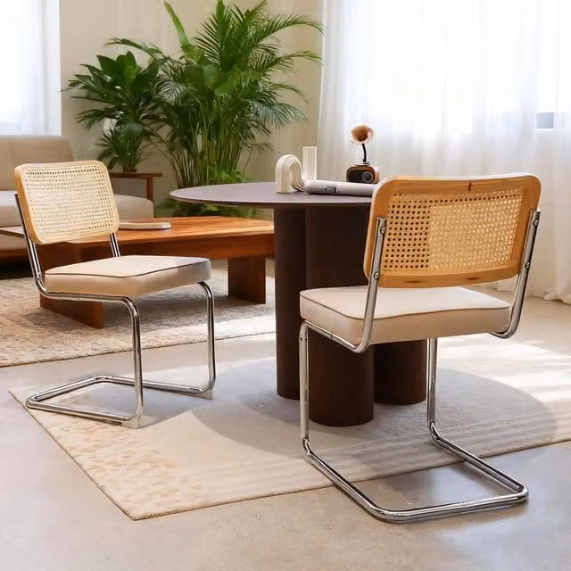 Set di 2 sedie da pranzo Minimal in velluto beige con dettagli in rattan e gambe in metallo cromato design moderno mid-century – 1