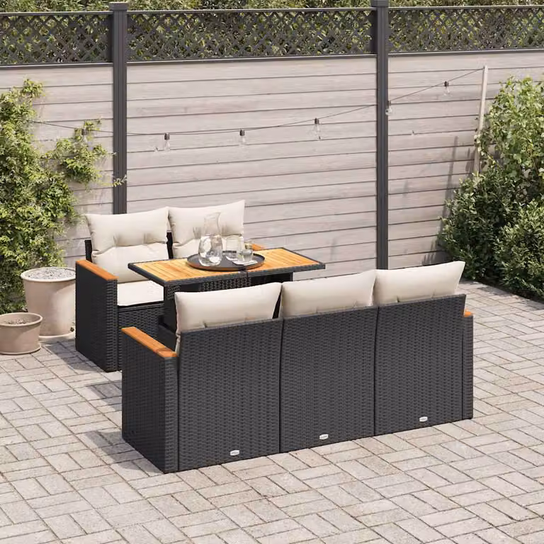 Set Divano da Giardino vidaXL 6 pz in Polyrattan con Cuscini e Tavolino, Design Moderno a L, Colore Nero e Bianco