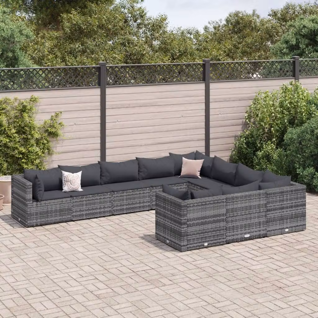 Set Divano da Giardino vidaXL 10 Pezzi a Forma di L con Cuscini Grigio Antracite in Polyrattan e Metallo
