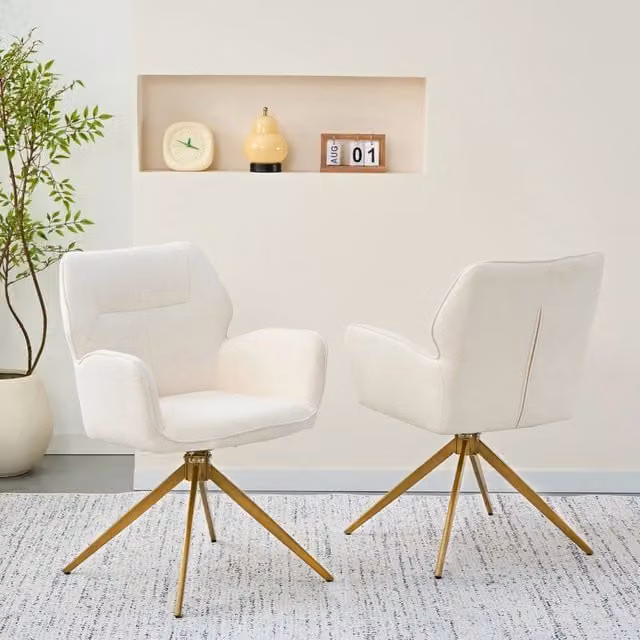 Set da 2 sedie girevoli OKWISH in velluto bianco con braccioli e gambe in metallo per sala da pranzo, soggiorno o ufficio in casa