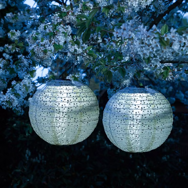 Lanterne solari a LED con motivo floreale, luce bianca calda, diametro 25 cm, sensore di luce, colore blu, confezione da 2 pezzi